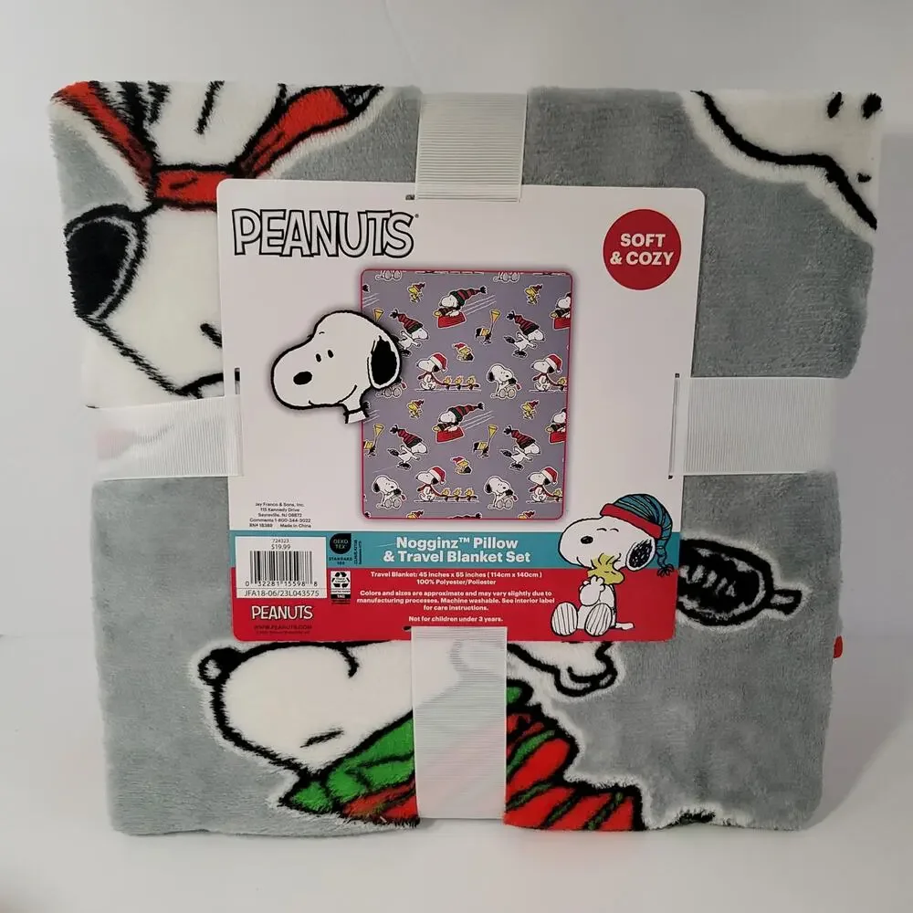 Nogginz Snoopy Peanuts Christmas Pillow‎ Fleece Travel Blanket Set Holiday Gift